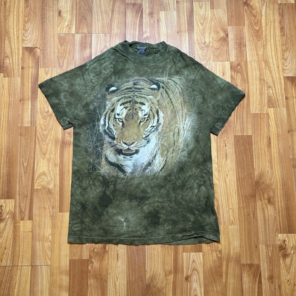 Vintage 1999 Tiger The Mountain Mens T-Shirt Size M Green Tie Dye NWF Wildlife